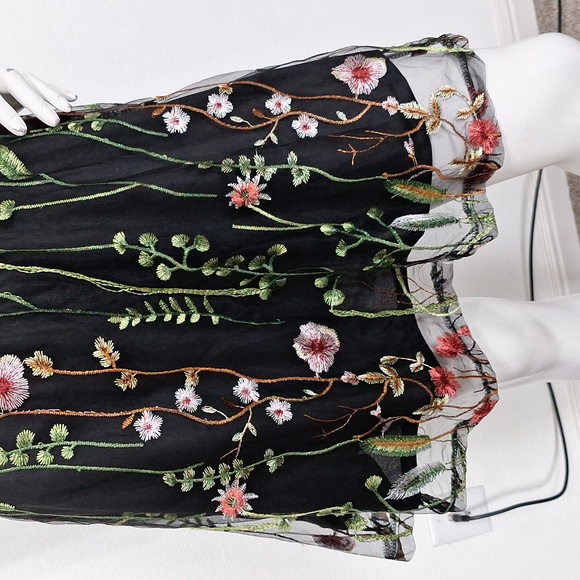 Black Floral Embroidered Romantic Sheer Whimsigoth Long Sleeve Dress Size M - Picture 4 of 12